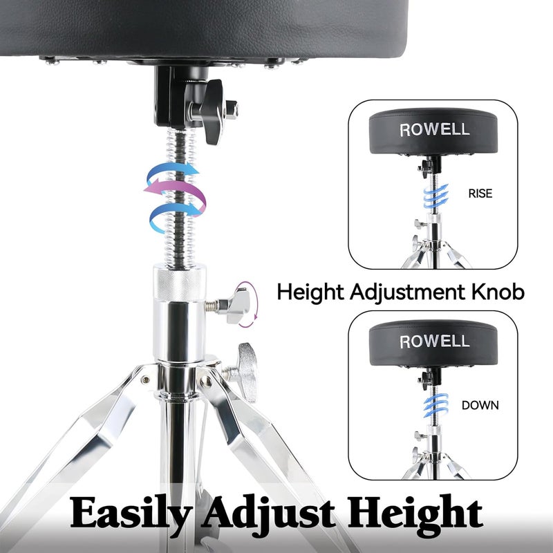 ROWell Drum Throne Adjustable Drum Stool Lightweight Drum Seat Soft Drum Stools for Kids Widen Thick-Padded Electric Drum Kit Thrones Max Weight 330Lb Drum Set Stool for Adults Women Drummers(Blcak) - Image 4